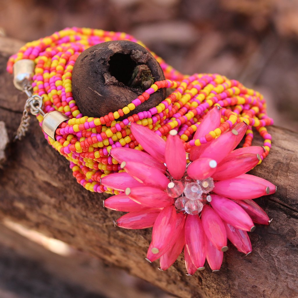 [5/$25] Pink Yellow Seedbead Multistrand Necklace Chunky Flower